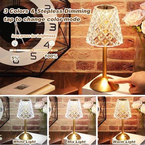 Liliful 2 Pcs Cordless Table Lamp LED Touch, Gold, Diamond Style - Image 4