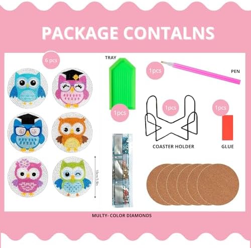 6 Pcs Owls Shaped Diamond Painting Kits, Diamond Painting Kits with Holder Owls, Diamond Art Coasters for Beginners Adults - Perfect Art Craft Supplies Gift!… (Owls 2) - Image 2