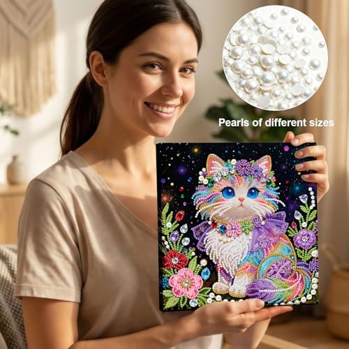 Xylzzuit Pearl Painting Kit with Frame 9.84x9.84IN Colorful DIY Gemstone Pearls Beads Art Craft for Adults Home Desktop Wall Decor (Cat) - Image 2