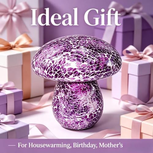 Mosaic Mushroom Table Lamp, Handmade LED Night Light, Battery‑Operated Cordless Desk Decor, Purple - Image 4