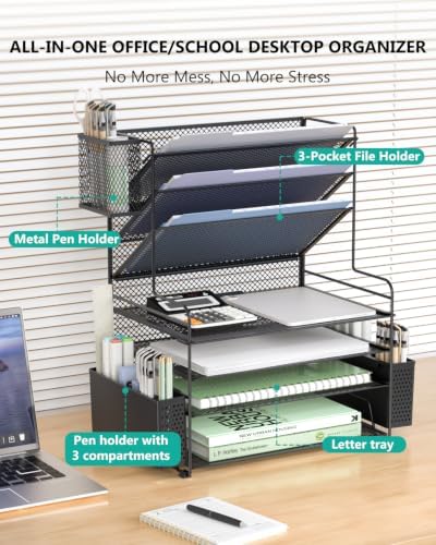 WALI Desk File Organizer, 7 Tier Desktop Paper Letter Tray Organizer with Drawer and 3 Pen Holders, Office Desk Accessories & Workspace Organizers for Office, Home, School Supplies, 1 Pack, Black - Image 3