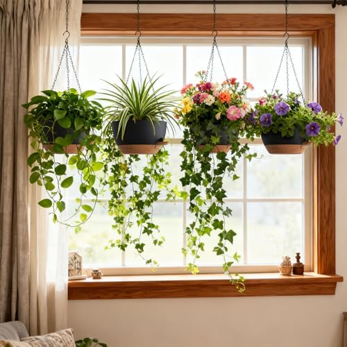 UOUZ 4 Pack 8 Inch Self Watering Hanging Planters for Indoor Outdoor Plants，Hanging Pots for Plants with Drainage Removable Tray, Hanging Baskets Flower Pots for Pothos Spider Garden Black with Brown - Image 2