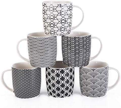Set of 6 11.5 oz Coffee Mugs with Black and White Geometric Patterns, Ceramic Tea Cup Set by MACHUMA