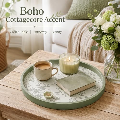 Novabright Sage Green Wooden Serving Tray, 11.8" Round Cottagecore - Image 2