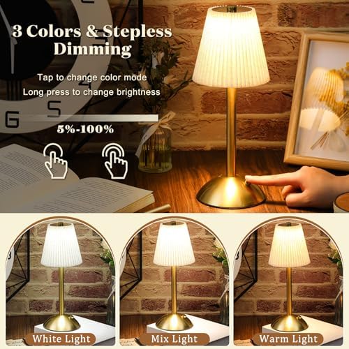 Liliful 2 Pcs Cordless Table Lamp LED Touch, Gold, Linen Fabric - Image 4