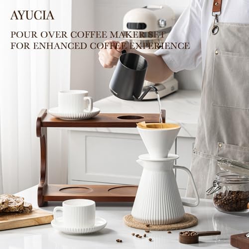 Pour Over Coffee Maker Set, 22OZ Ceramic Pour Over Coffee Dripper with Acacia Wood Stand and 5OZ Cups and Saucers Set of 2, Size 02 - Image 2