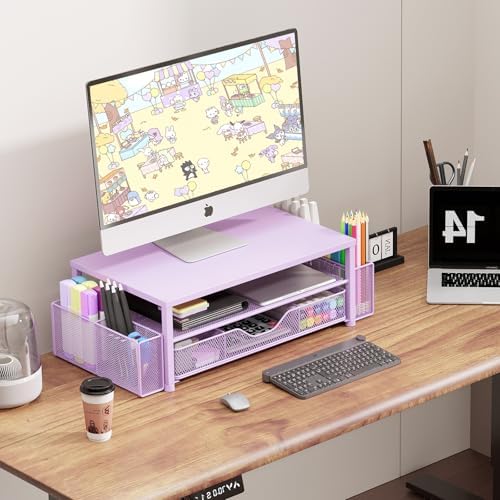 OPNICE Desk Organizer and Accessories, 2-Tier Computer Monitor Stand Riser with Drawer and 2 Pen Holders, Laptop Stand, Office Desk Accessories for Office Supplies, Purple - Image 5