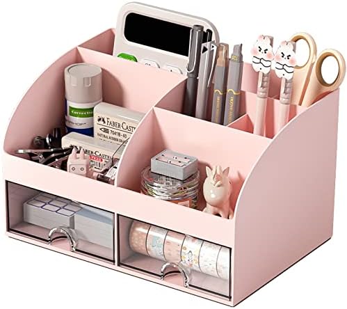 COMFYROOM Desk Organizer with 6 Compartments and 2 Drawers, Plastic Makeup Organizer, Pen Holder for Desktop Storage, Desk Organization for School, Home, Office Supplies (Pink) by COMFYROOM