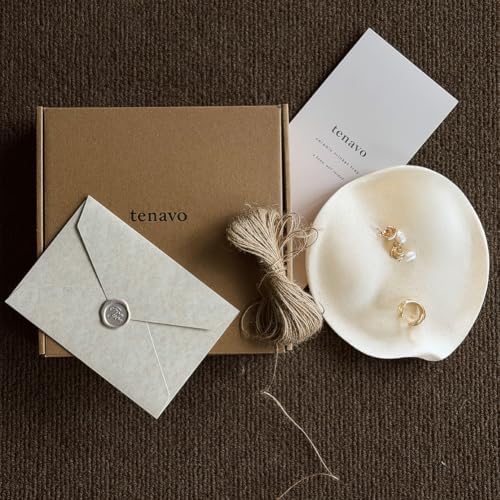 Ceramic Jewelry Dish, 6.3 in, Gift Box and Card, Speckled Oat Beige by Tenavo