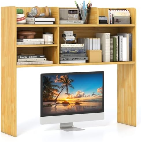 GIANTEX Desktop Bookshelf, 37" Desk Hutch Dorm for Computer Up to 32 Inch, Countertop Hutch w/6 Storage Shelves, 3-Tier Desktop Organizer Display Rack, Wood Desk Shelf for Home Office (Burlywood) by Giantex