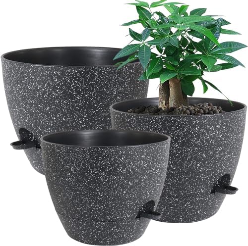 UOUZ Large Self Watering Pots, 12/10/9 Plastic Planters with High Drainage Holes and Deep Reservoir for Indoor Outdoor Garden Plants and Flowers, Black Speckles by UOUZ