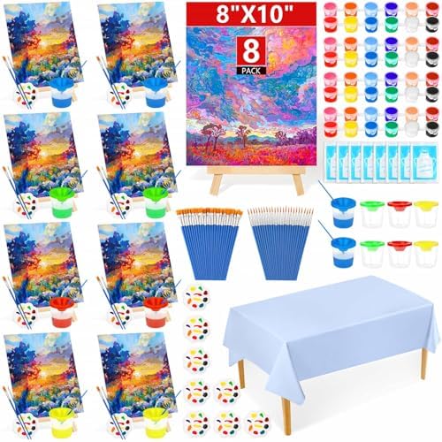 8 Pack 8x10 Inch Canvas Painting Kit, 107 PCS Canvas Boards for Painting with 50 Brushes & Paint Trays & Acrylic Paint & No Spill Cup & Apron & Tablecloth, Mini Painting Canva with Easel Set for Party by Flasoo