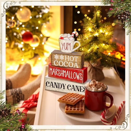 Moucuny 4 Pcs Christmas Table Decorations, Hot Cocoa Bar Wooden Block Signs - Image 6