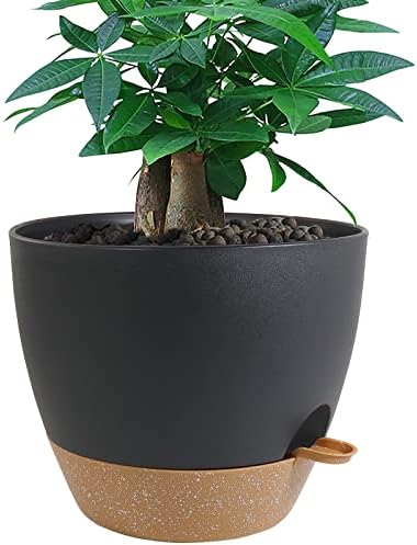 UOUZ 12 inch Large Self Watering Pots, Plastic Planters with 60oZ Removable Deep Reservoir and Multi Mesh Drainage Holes for Indoor Outdoor Garden Plants and Flowers, Black with Brown by UOUZ