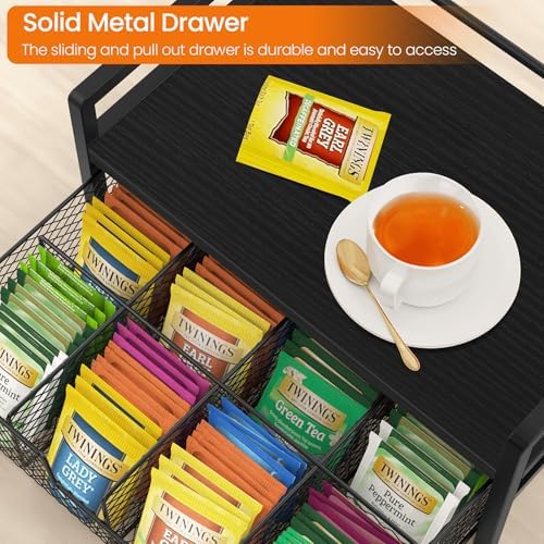 Homode Wood Tea Bag Organizer, Teabag Holder with Drawer, Tea Organizers and Storage Box, 8 Compartments Tea Caddy Station Chests Display Container for Counter Kitchen, Black - Image 6