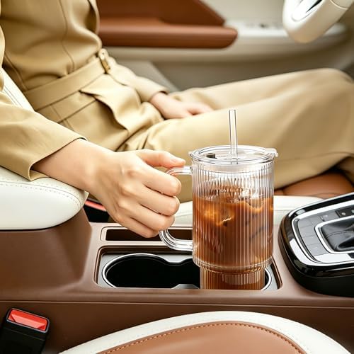 Iced Coffee Cups with Lids 2Pcs: Ribbed Glass Tumbler with Straw and Lid 24oz - Coffee Bar Accessories - Glass Cups and Tumblers with Lids and Straws - Tumbler Leak Proof - Coffee Tumbler with Handle - Image 7