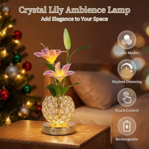 Stargazer Lily Flowers Crystal Table Lamp, Rechargeable Touch Night Lamp - Image 2