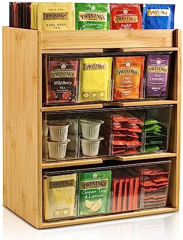TIMIEEYA Tea Bag Organizer - Bamboo Tea Storage With Drawer 3 Layer, Organizer for Tea Bags Natural Wood & Acrylic for Countertop Office Kitchen Cabinet Pantry by TIMIEEYA