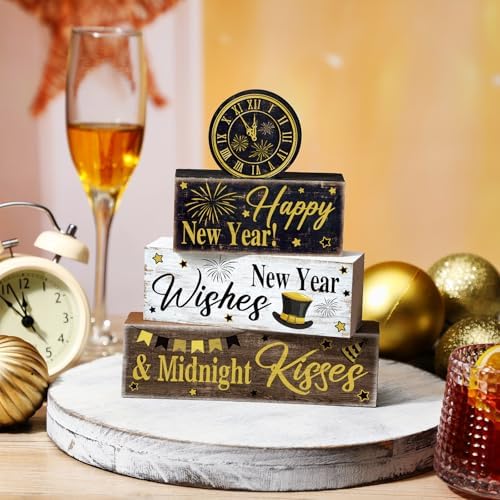 Moucuny 4 Pcs New Year Table Decorations, Happy New Year Wood Block Sign - Image 3