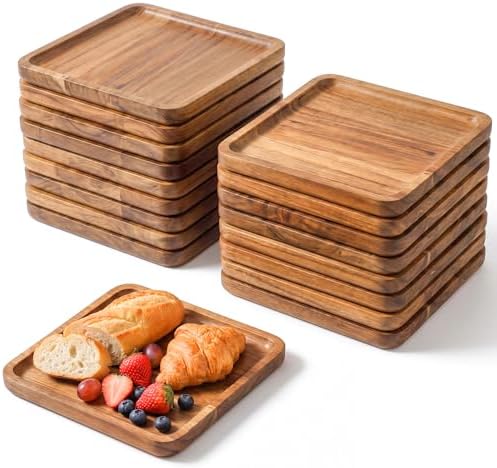 Wenqik 18 Pieces Acacia Wood Tray Set 8 x 8 Inch Acacia Square Wood Tray Platters Plates Set for Fruit Cheese Dessert Appetizer Vegetable Charcuterie BBQ Party Weddings Supply by Wenqik