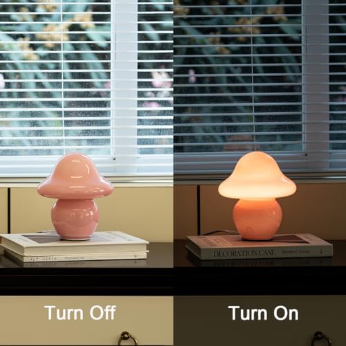 HEQET Mushroom Lamp Pink Glass Mushroom Table Lamp for Bedrooms, Living Room, Aesthetic Lamps for Bedroom, Cute Bedside Lamp - Image 4