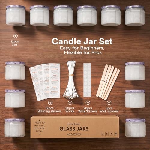 LumaCraft 12 Pack 4oz Glass Candle Jars with Lids, Hexagon Embossed Candle Making Containers, Empty Candle Jars with 20 Wicks & Labels for DIY Candle Making, Party Favors, Home Decor - Image 2