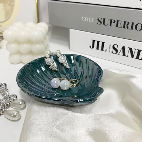 Seashell Trinket Tray, Ceramic Ring Holder Dish for Earrings Necklace, Shell Jewelry Dish Tray, Ocean Room Decor, Birthday Mother's Day Christmas Gift for Women, 3.9", Deep Teal Iridescent Surface - Image 5