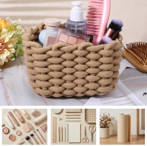 Tiny Basket 2 Pack Handwoven Cotton Rope Storage Bins, Small Baskets for Gifts, White & Light Brown, 7.7x5.1x6.1 Inch, Minimalist Boho Decor for Vanity Desk Bathroom Bedroom Organizer - Image 5
