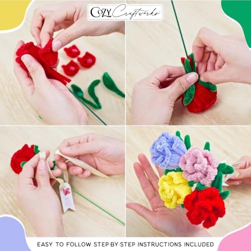 WeVeel Cozy Craftworks Rose Chenille Stem Craft Kit Bundle for Teens & Adults – Mindful DIY Flower Craft, Tactile Pipe Cleaner Art Kit with QR Video Tutorials - Image 3