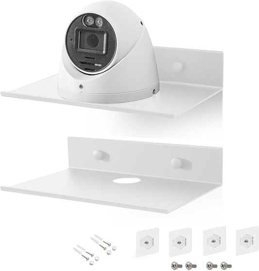Small Floating Shelves, Adhesive Bluetooth Speaker Shelf, Renter Friendly Floating Corner Shelves with Cable Clip, Wall Mounted, Display Shelf for Smart Speaker, White, Aluminum, 6 inch, 2 Pack