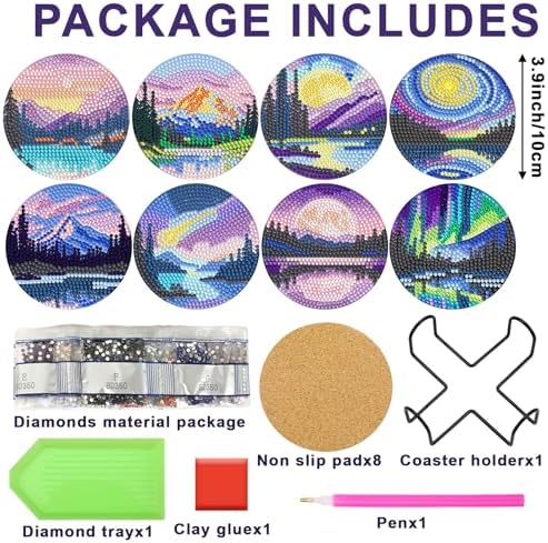 UPINS 8 Pcs Diamond Art Painting Coasters with Holder,Landscape DIY Diamond Art Paintings Coaster Kits Drink Coasters for Birthday Presents Beginners Craft Supplies Adults - Image 2
