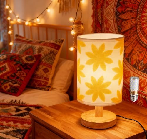 Small Bedside Night Table Lamp∣Inline Control & 3 Brightness Levels∣Yellow Flower-Patterned Shade Bedside Lamp for Bedroom,Living Room,Study,Dorm,Home Office,Baby Room & Kitchen by Unknown