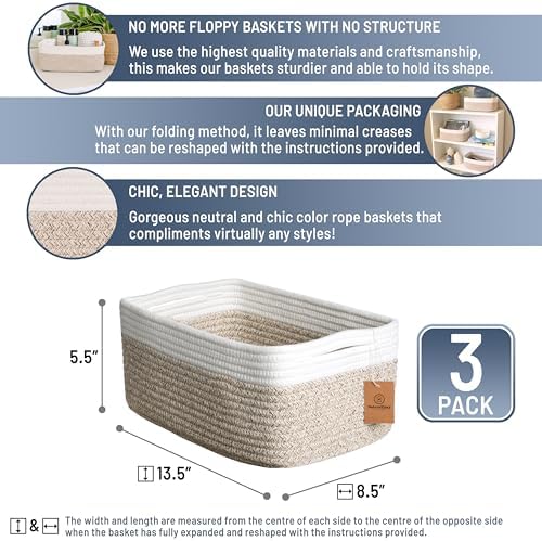 NaturalCozy 13.5”x8.5”x5.5” Storage Baskets for Shelves 3 Pack | Cotton Rope Woven Small Baskets for Organizing | Small Storage Bins for Nursery, Bathroom, Closet, Cube Shelf, Decorative, Gift - Image 2