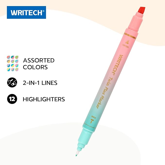 WRITECH Dual Tip Highlighter Markers: Aesthetic Fine & Chisel Tip Assorted Pastel Colors Marker Multicolor Pens Pack for Bible Highlighting Journaling Drawing 12ct.