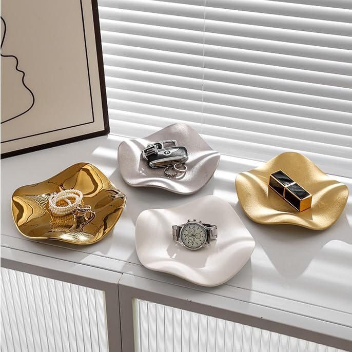 Jewelry Tray Ring Dish Ceramic Trinket Tray Key Tray Flower Wave Shape Birthday Party Wedding Home Decor for Entryway Table Livingroom dresser (Matter Silver) - Image 5