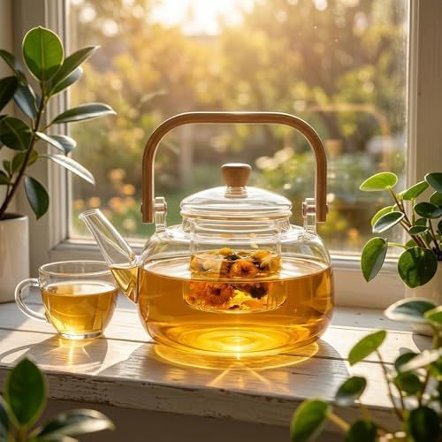 1000ml (33.8oz) Borosilicate Glass Teapot with Wooden Handle, Stovetop Safe Clear Tea Kettle with Removable Glass Infuser for Blooming Tea & Loose Leaf Tea - Image 5