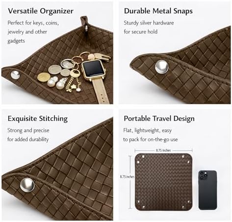 UnionBasic Small Valet Tray, Jewelry Tray for Rings Watches Earrings, Entryway Catchall Caddy for Coins Keys Change, Nightstand Bedside Valet Holder, Trays for Electronic Gadgets, Woven Coffee - Image 2