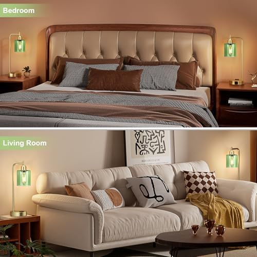 Innqoo Industrial Green Table Lamps for Bedrooms Set of 2-3-Way Dimmable Desk Lamp with USB C+A Ports and Outlet, Gold Lamps with Green Glass Shade for Living Room - Image 4