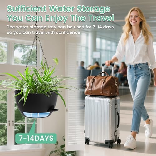 UOUZ Set of 3-10 Inch Self Watering Hanging Planters for Indoor & Outdoor，Hanging Plant Pots with Drainage & Removable Tray, Hanging Pots Holder for Ivy, Spider Plants, Ferns, Balcony & Patio, Black - Image 6