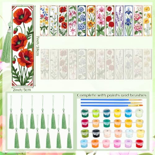 Kosiz 12 Pcs Flower Paint by Number Kit for Adult Floral Wood Bookmark - Image 3