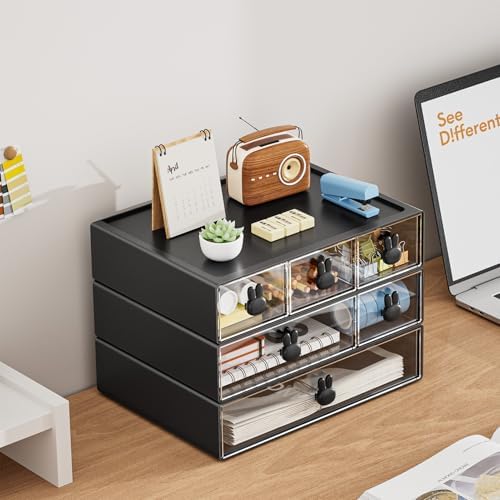 Marbrasse Desk Organizer with 6 Drawers, 3 Tier Stackable Storage Drawers Plastic Makeup Storage, Office Organizers and Storage, Desk Storage Box for Office, School, Home Black - Image 3