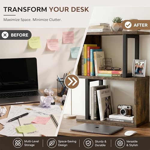 Desk Organizer & Desk Hutch Shelf, Wood, Rustic Brown - Image 6