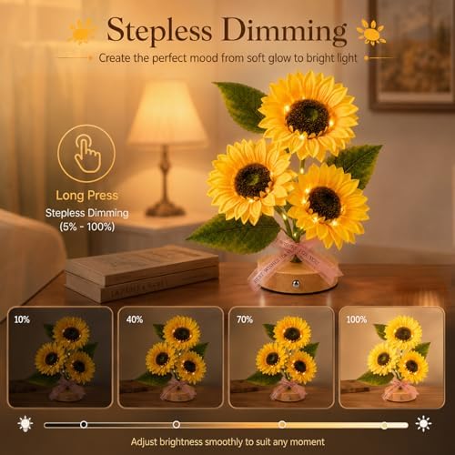 Flower Table Lamps, Rechargeable Touch Dimming Sunflower Night Light, LED Artificial Flower Lamp, Table Centerpieces for Birthday Holiday Party Wedding Room Decoration - Image 2