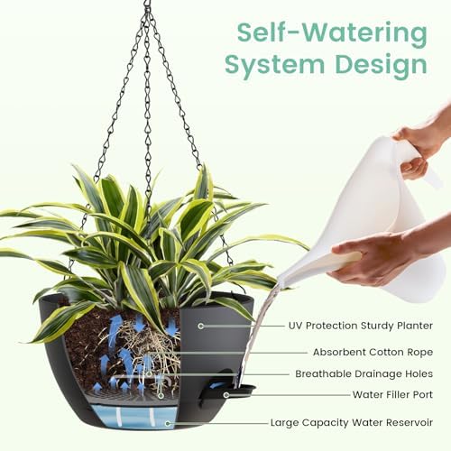UOUZ 4 Pack 8 Inch Self Watering Hanging Planters for Indoor Outdoor Plants，Hanging Pots for Plants with Drainage Removable Tray, Hanging Baskets Flower Pots for Ivy Pothos Spider Garden Porch Black - Image 4