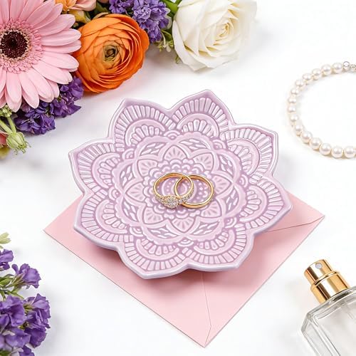 PUDDING CABIN Purple Mandala Jewelry Dish | 4.3-Inch Boho Home Decor | Ceramic Ring Dish Trinket Tray for Rings & Earrings | Wedding & Bridal Shower Mother Day Birthday Gift for Women - Image 2