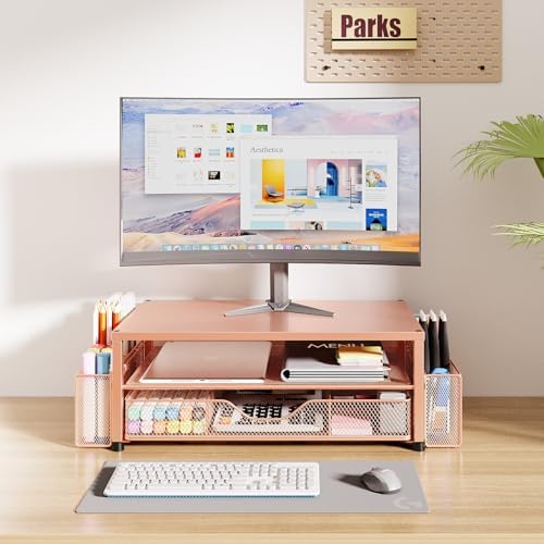 OPNICE Desk Organizer and Accessories, 2-Tier Computer Monitor Stand Riser with Drawer and 2 Pen Holders, Laptop Stand, Office Desk Accessories for Office Supplies, Rose - Image 2