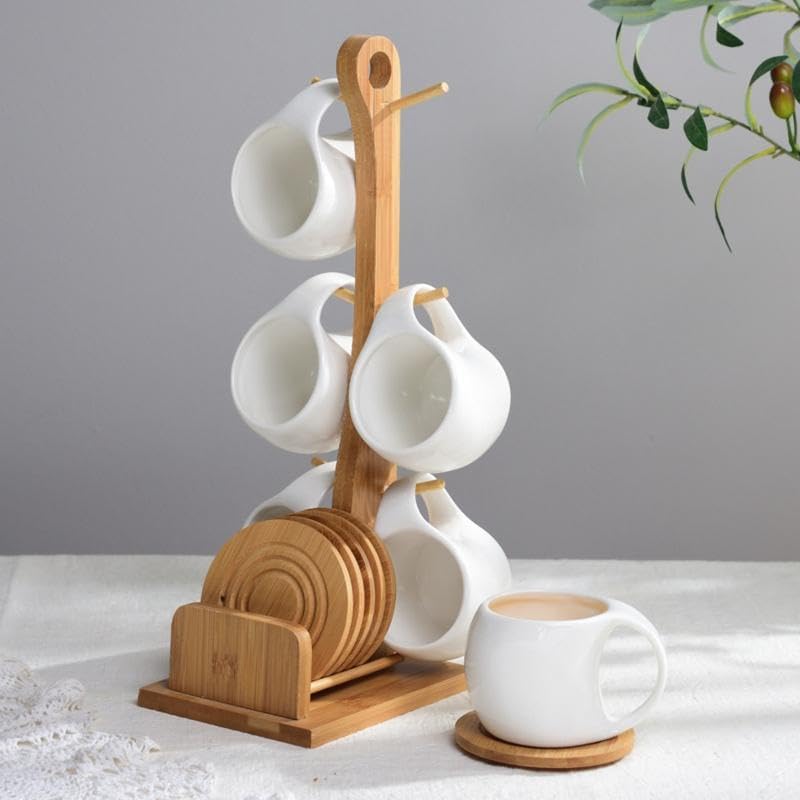 6-Piece Ceramic Coffee Cup & Saucer Set with Bamboo Stand by Unknown