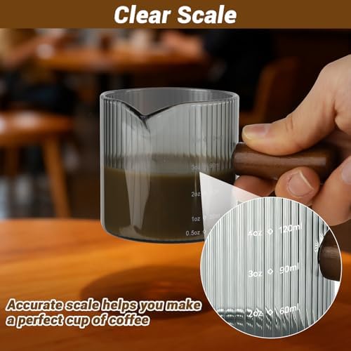 Espresso Measuring Cup 4 Oz, Espresso Glass Cups with Wood Handle, Milk Frothing Cup, Espresso Cup for Coffee, Milk, Tea or Maple Syrup Serving (Gray, 4 oz) - Image 4