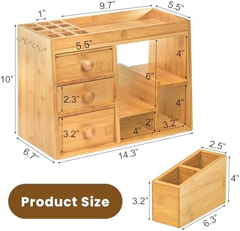 Elsjoy Large Countertop Bamboo Makeup Organizer with 3 Drawers, 12-Grid Lipstick Holder, Jewelry Hanging Hooks, Makeup Brush Holder, Desktop Wood Cosmetic Organizer Stand for Vanity - Image 2