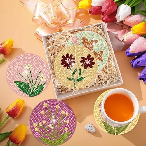 DOTSOPS 6 Pack Flower Diamond Art Coasters with Holder for Adults 4 in - Image 6